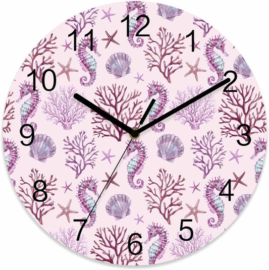 Marine Life Wall Clock Battery Operated Non-Ticking 10" Round Wood Clocks, Ocean Coral Seahorse Starfish Pink Kitchen Wall Clock for School Bathroom Living Room Home Office Wall Decor