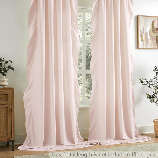 Dusty Pink Ruffle Curtains 84 Inches Long for Bedroom Living Room Rod Pocket Light Filtering Soft Victorian Romantic Ruffle Pleated Curtains for Girls Nursery Room Window Privacy Decor 52x84, Blush