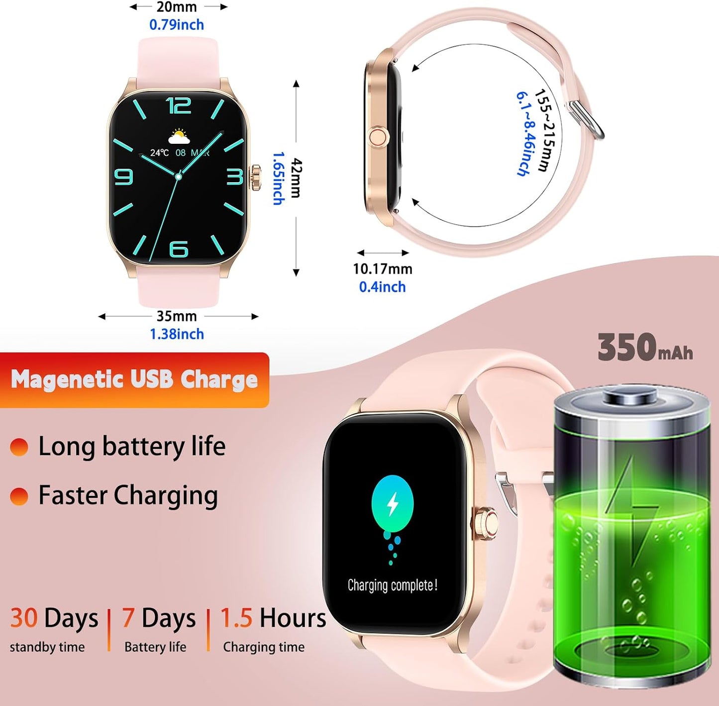 Smart Watch for Women Men(Answer/Make Call), Smartwatches with Heart Rate/SpO2/Sleep/Stress Monitor, IP68 Waterproof Activity Tracker for Android iPhone, 100+ Sports Fitness Watches (Pink, 1.85“)