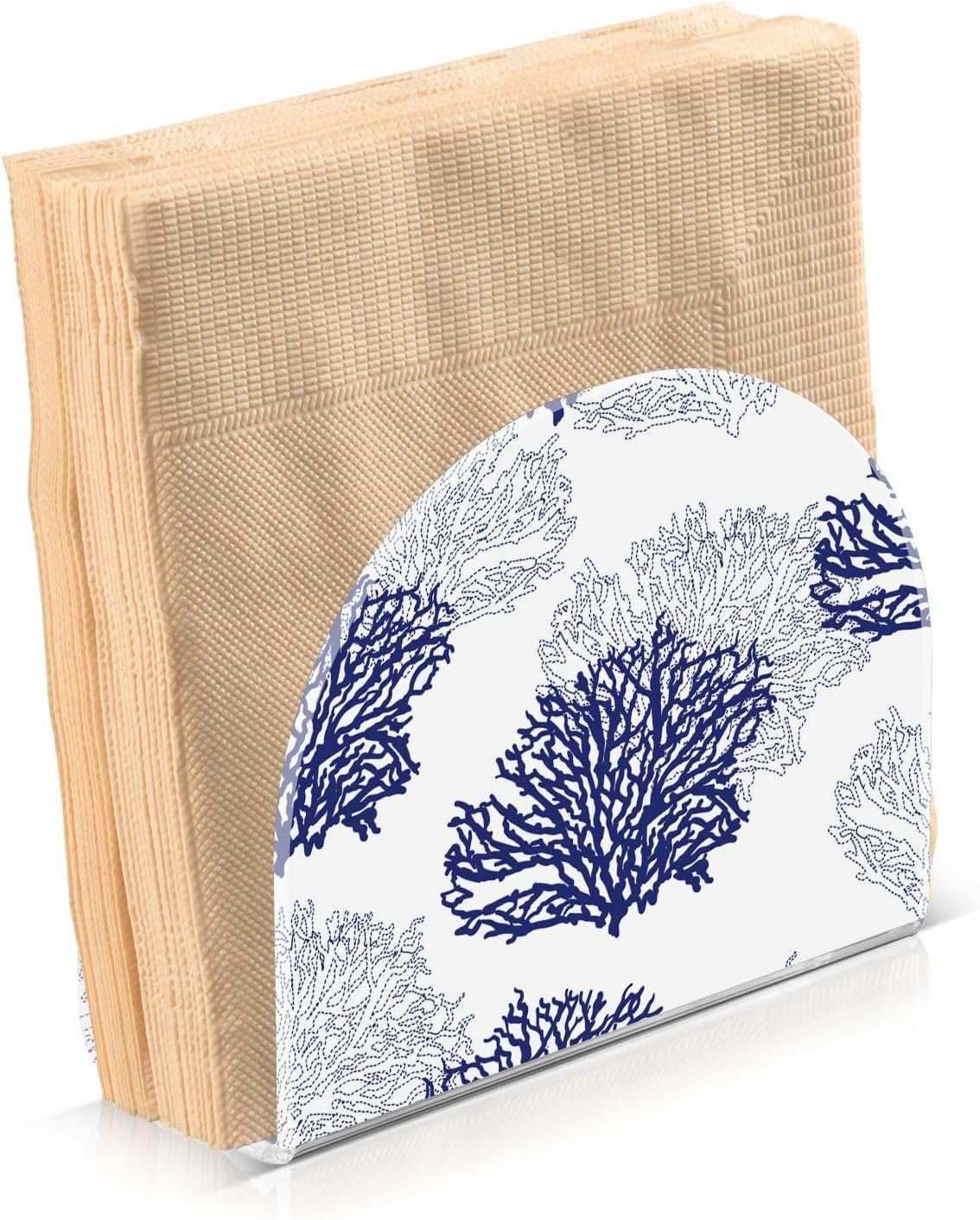Coral Patterned Navy Blue Gray White Napkin Holder for Table Acrylic Cocktail Napkin Holders Decorative Tissue Dispenser Vertical Napkin Holder for Home Decor Kitchen Dining, 2 PC