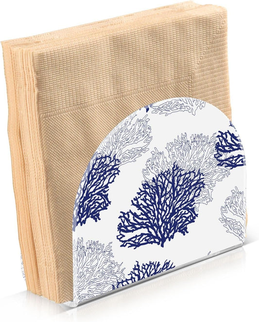 Coral Patterned Navy Blue Gray White Napkin Holder for Table Acrylic Cocktail Napkin Holders Decorative Tissue Dispenser Vertical Napkin Holder for Home Decor Kitchen Dining, 2 PC