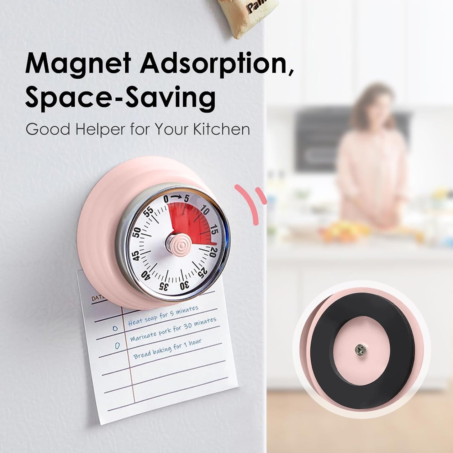 Visual Timer, Teeloray 60-Minute Countdown Timer, Kitchen Timer with Magnetic Base, Mechanical Clockwork, Ringer Alert, Time Management Tool for Children and Adults, Study/Work/Cooking (Pink)