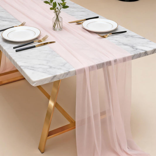 2PCS Light Pink Chiffon Table Runner 28x120 Inches Pale Pink Sheer Gauze Table Runner for Wedding Birthday Party Baby Bridal Shower Home Decor Holiday Decorations