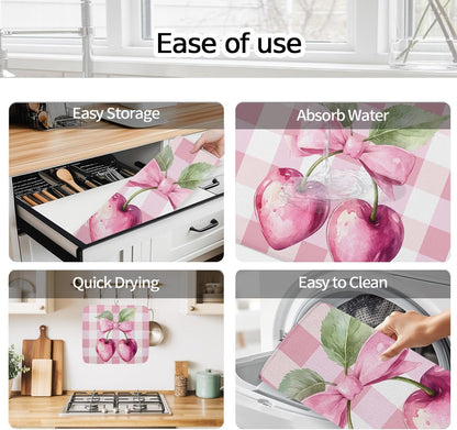 Dish Drying Mat Pink Bow Cherry Kitchen Counter Drying Pad for Dishes Glasses Cups and Cookware Pink White Check Absorbent Dish Drying Mat Machine Washable Kitchen Accessories 16" x 18"