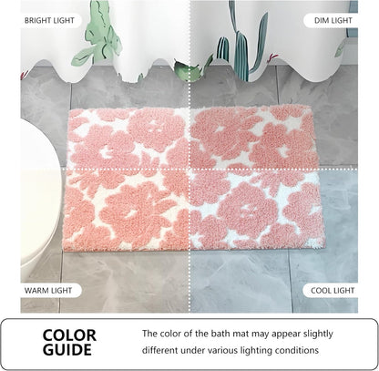 Civkor Pink and White Bathroom Rug, Tufted Flower Bath Mat for Bathroom with Non Slip TPR Backing, Quick Dry Microfiber Surface, Soft and Super Water Absorbent Bath Rug, 24x16Inch