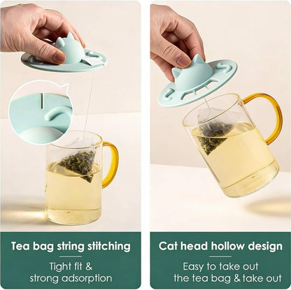 4PCS Silicone Tea Bag Holder, Cat-Designed Cup Cover with Tea Bag Holder Mug Lid for Coffee Milk Tea (Light Pink)
