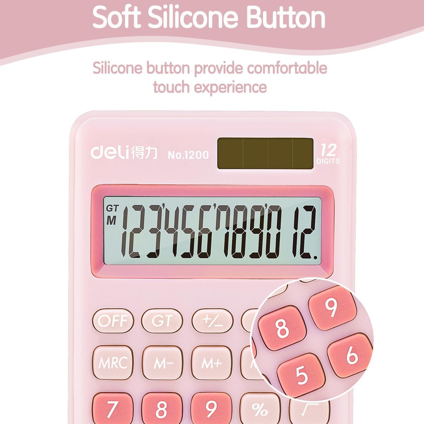 Deli Standard Function Basic Calculator, 12 Digit Desktop Calculator with Large LCD Display, Solar Battery Dual Power Office Calculators, Pink