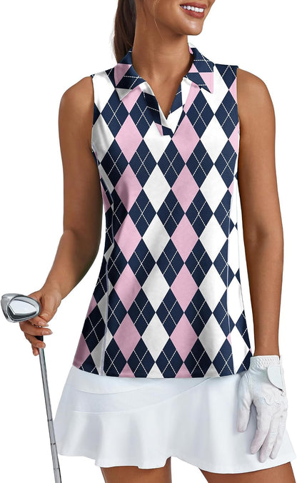 PINSPARK Womens Golf Shirt UPF 50+ Polo Shirts Sleeveless Workout Tank Tops V-Neck Quick Dry Tennis Pickleball Running Shirt