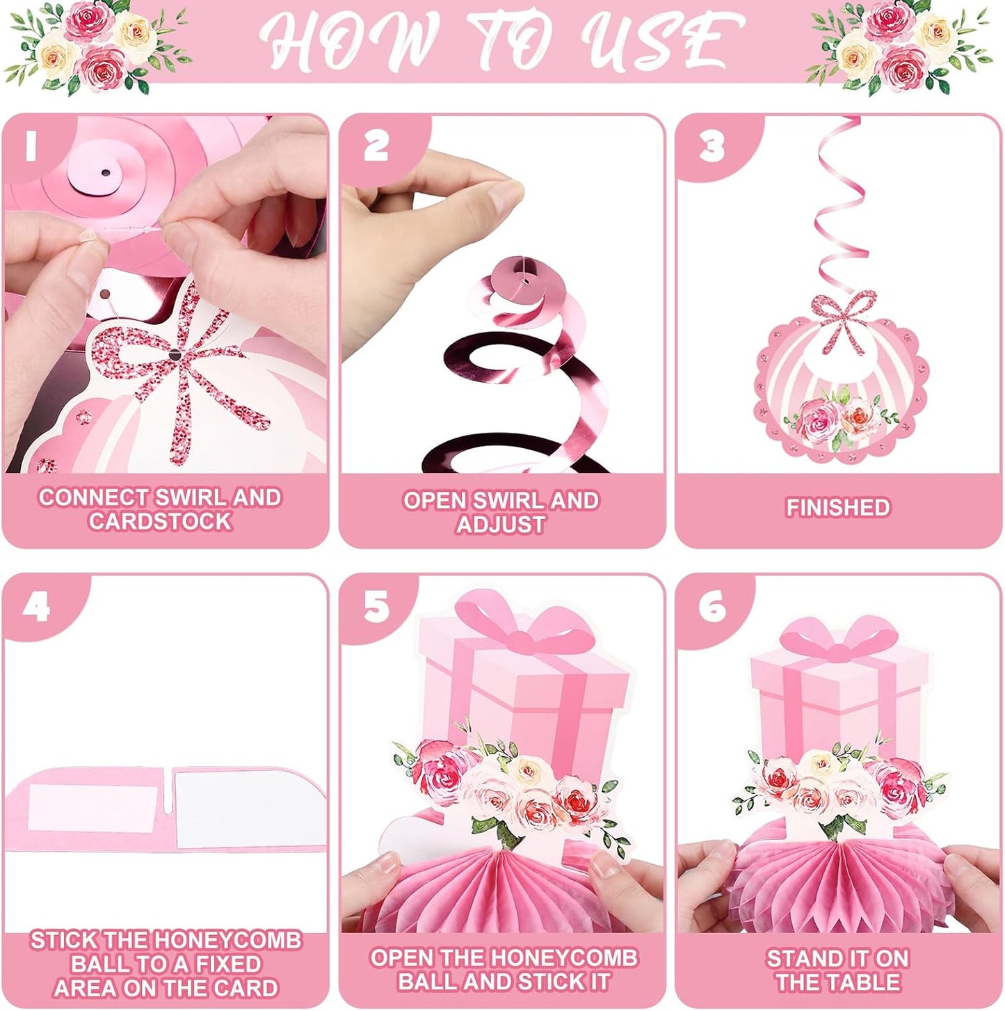 Mindsoft 14 Pcs Pink Girl Baby Shower Decorations Set with Gingham Garland Banner Honeycomb Centerpiece Hanging Swirls Pink Plaid Bowknot Foil Balloons for Birthday Baby Shower Reveal Party Supplies