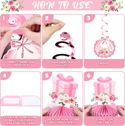 Mindsoft 14 Pcs Pink Girl Baby Shower Decorations Set with Gingham Garland Banner Honeycomb Centerpiece Hanging Swirls Pink Plaid Bowknot Foil Balloons for Birthday Baby Shower Reveal Party Supplies