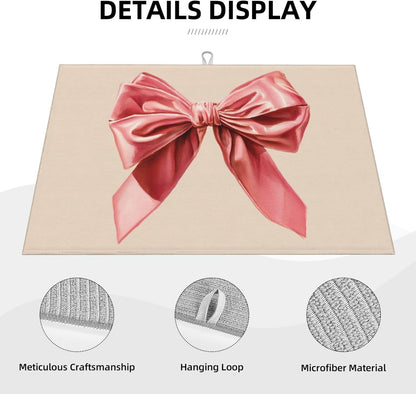Watercolor Pink Velvet Bow On Light Beige Dish Drying Mat For Kitchen Counter, Drain Rack Mat Microfiber Quick Dry Dish Pad