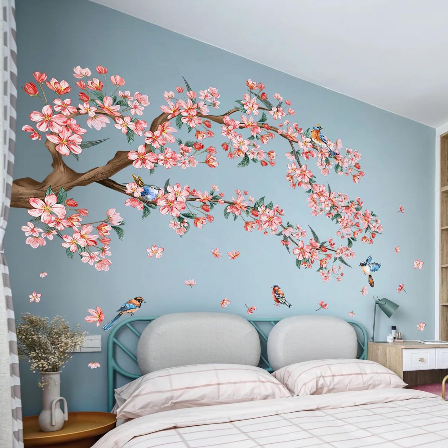 2Sheets Removable Pink Flower Tree Branch Wall Decals DIY Cherry Blossom Tree Branch Wall Decals Vinyl Birds Wall Sticker Petals Falling Home Decor for Girls Bedroom Living Room Bathroom Decor