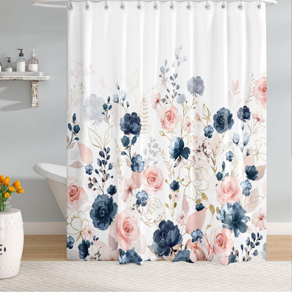 Navy Blue and Pink Floral Shower Curtain, Waterproof Fabric Watercolor Flowers Bathroom Shower Curtain with 12 Hooks, 72 x 72 Inch