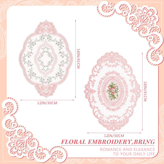 Mixweer 10 Pcs Pink Lace Placemats Oval Vintage Lace Doilies French Table Decor Crochet Handmade Embroidered Doilies for Wedding Tea Party Retro Floral Placemat Cup Mat Table Runner Fit Home Furniture