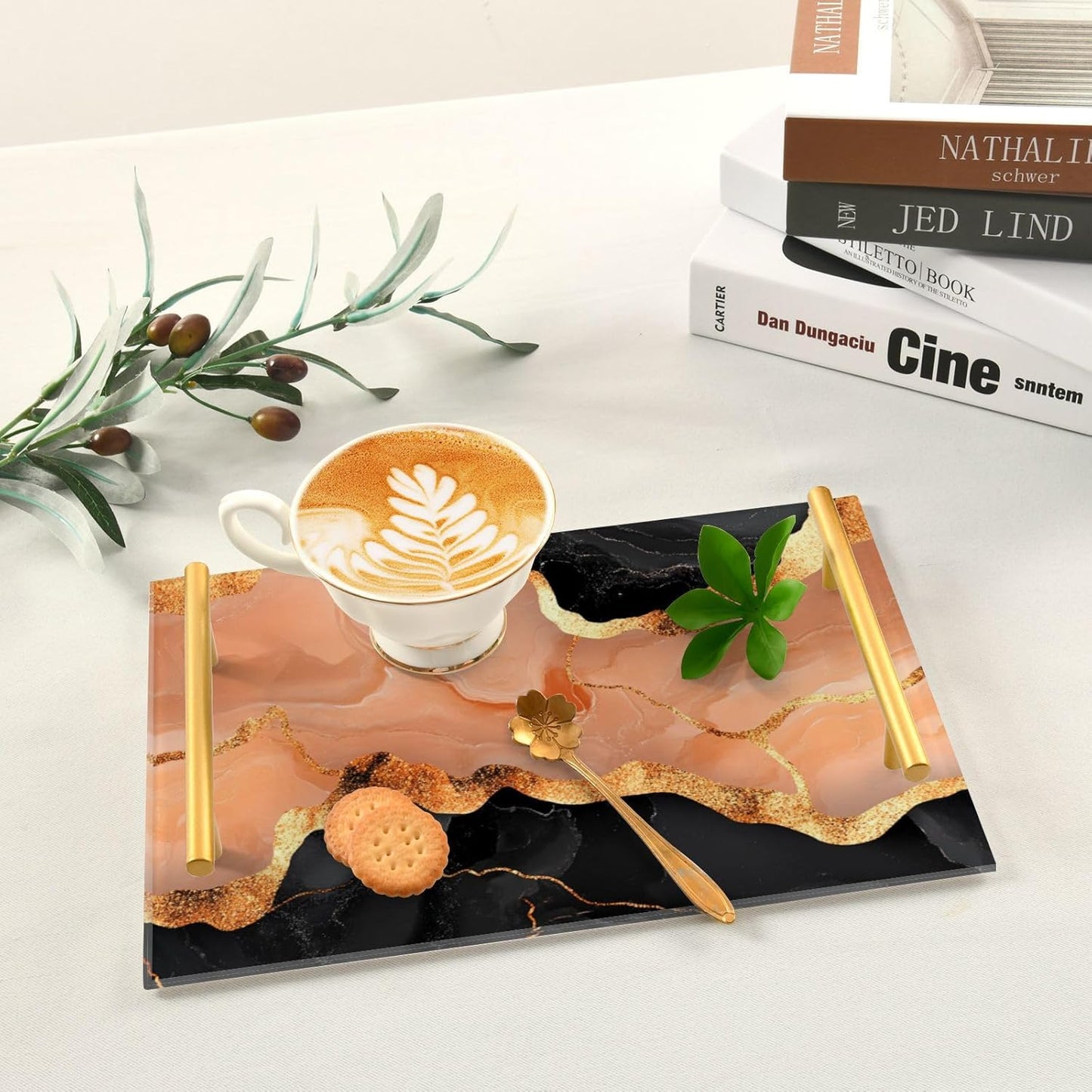 Marble Black Peach Decorative Snack Tray with Handles Living Room Tray for Jewelry Perfume for Dinner Serving bandeja desayunos sorpresa para cumpleanos