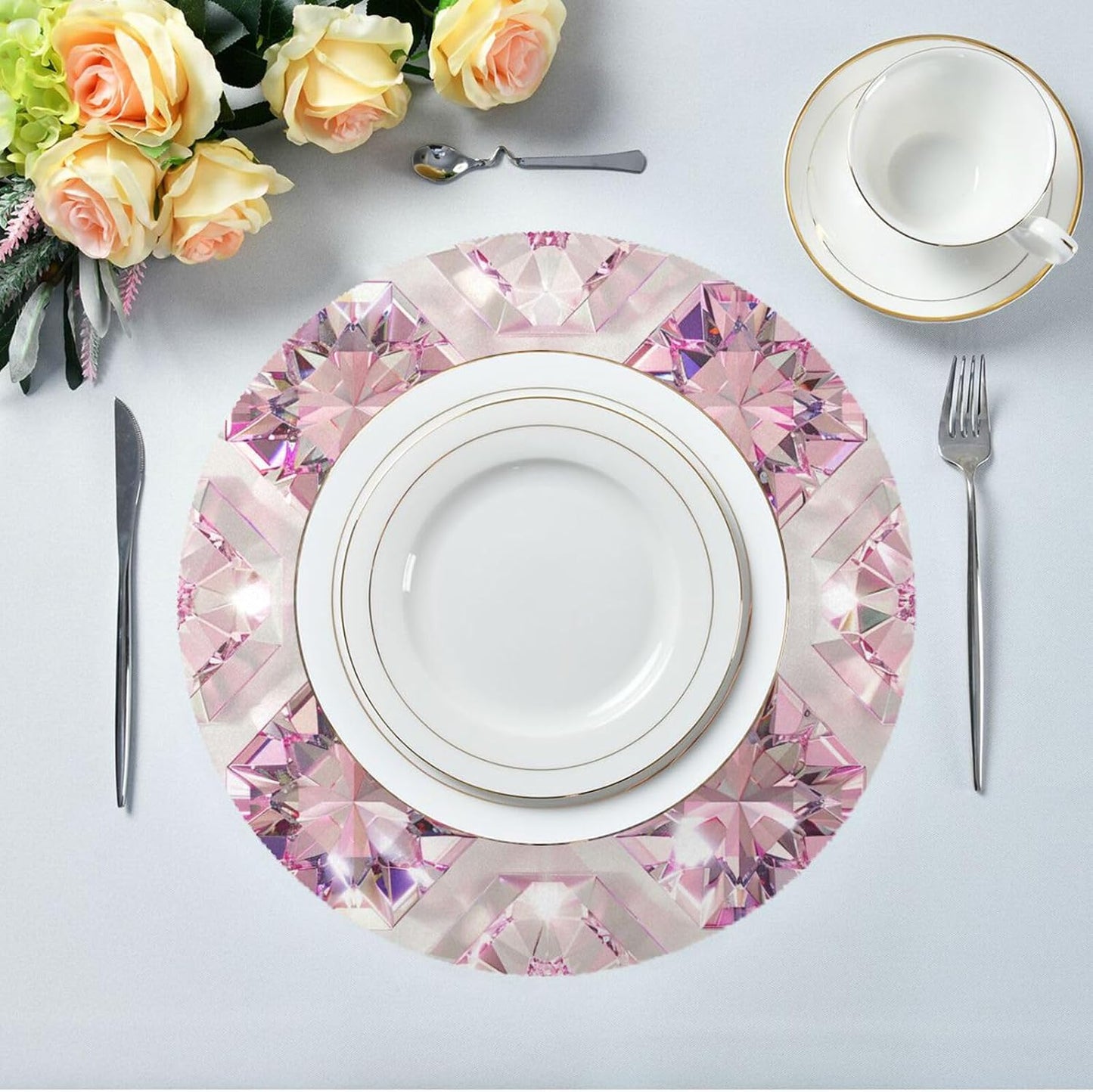Fake Luxury Peach Transparent Crystal Pattern Round Placement Vinyl Reversible placemats manteles para mesa de comedor 15.4x15.4in Set of 6