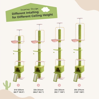 PEQULTI Cat Tree Floor to Ceiling, Green Cat Tower, Adjustable Height (83''-108'') 5 Tiers Tall Climbing Tree for Indoor Cats with Cat Condo, Scratching Post and Ladder, Light Green