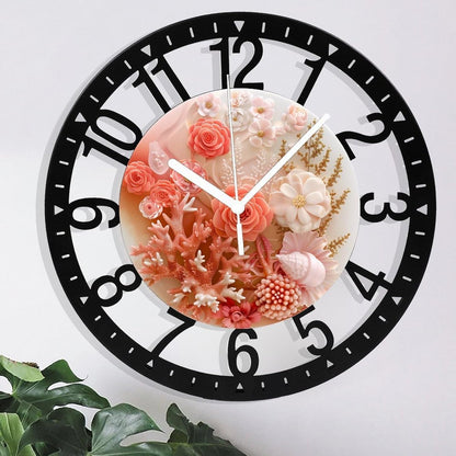 Metal Wall Clock for Living Room -10" Pink Coral Rose Seashell Arrangement Silent Non Ticking,Battery Operated, Antique Wood Clocks for Farmhouse,Dining Room,Bedroom,Kitchen Clock Wall Decor- Arabic N