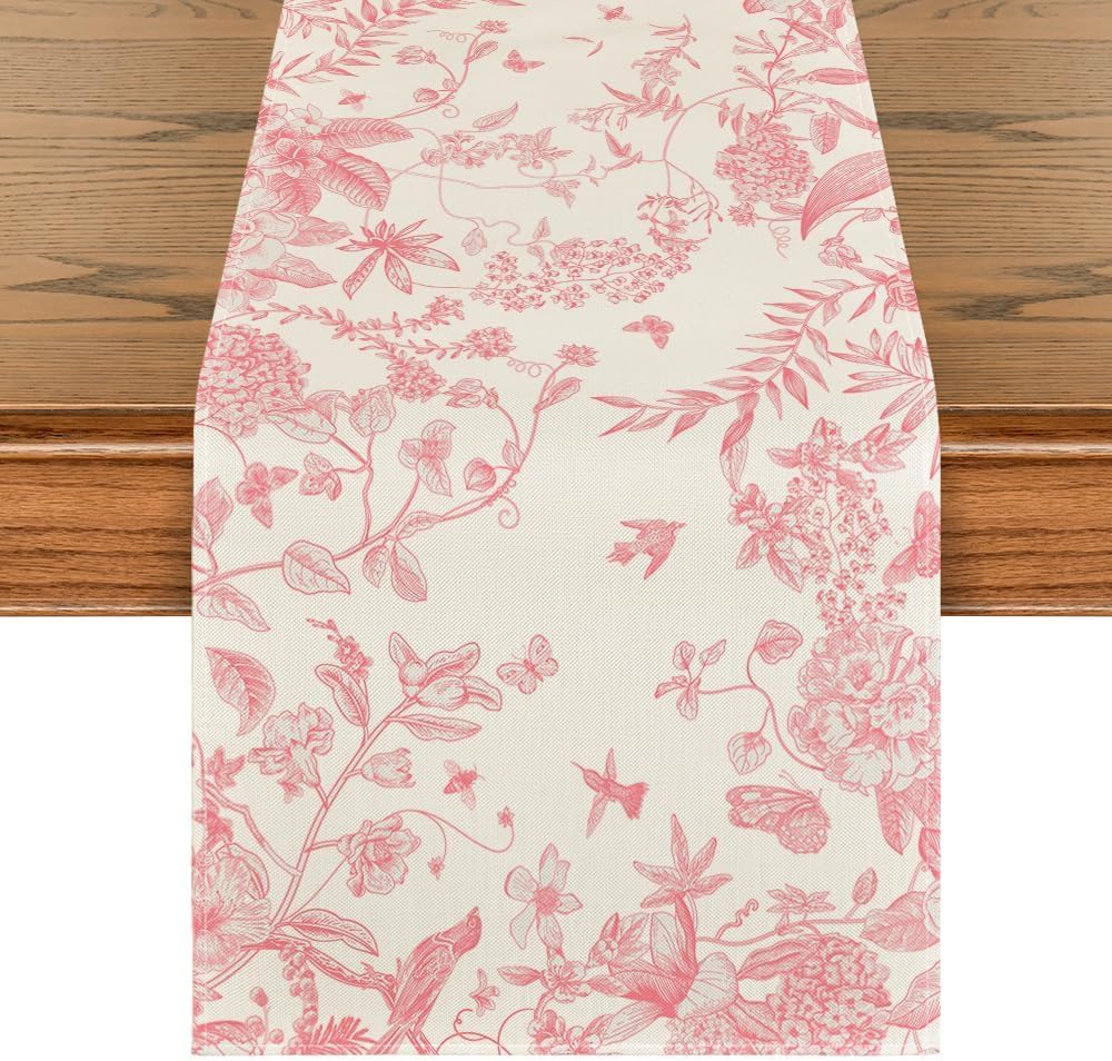 Artoid Mode Pink Monochrome Sketch Birds Flowers Spring Table Runner, Seasonal Summer Kitchen Dining Table Decoration for Home Party Decor 13x72 Inch
