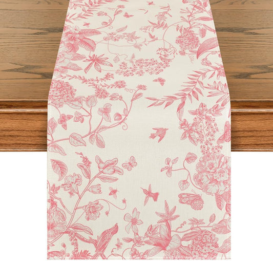 Artoid Mode Pink Monochrome Sketch Birds Flowers Spring Table Runner, Seasonal Summer Kitchen Dining Table Decoration for Home Party Decor 13x72 Inch