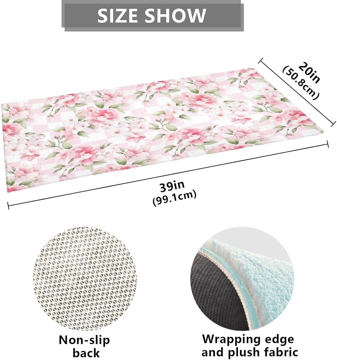 Bathroom Rug Flower Pink Checkered Bath Mat 39x20in Soft Absorbent Plush Shaggy Bath Carpet Non-Slip Washable for Bathroom Floor Tub Shower