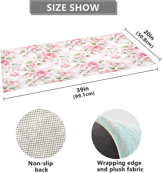 Bathroom Rug Flower Pink Checkered Bath Mat 39x20in Soft Absorbent Plush Shaggy Bath Carpet Non-Slip Washable for Bathroom Floor Tub Shower