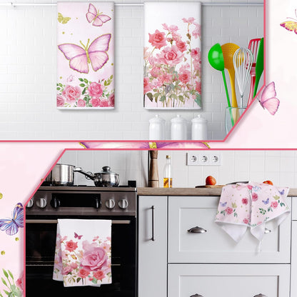 Bencailor 4 Pcs Butterfly Decorative Kitchen Towels Pink Absorbent Towels 24 x 16 Inch Tea Hand Bath Towel Butterfly Flower Dish Accessories for Kitchen Bathroom Spa Sport Housewarming Home