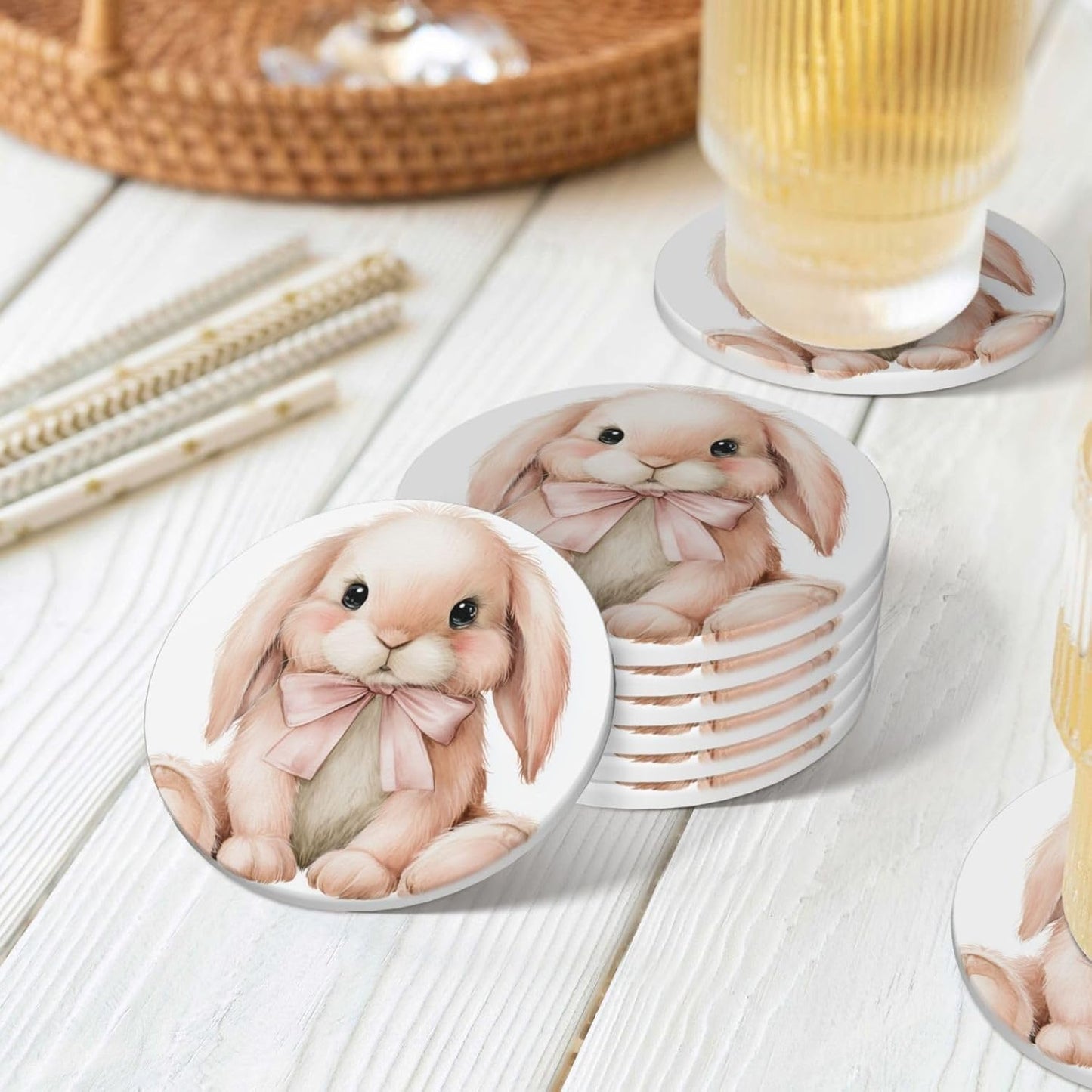 Watercolor Animal Light Pink Bunny Wearing Bow Ceramic Coasters with Holder Set of 6 Coffee Cup Drink Coasters