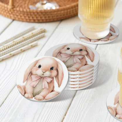 Watercolor Animal Light Pink Bunny Wearing Bow Ceramic Coasters with Holder Set of 6 Coffee Cup Drink Coasters