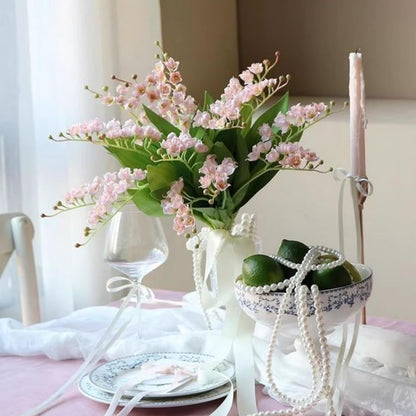 Artificial Lily of The Valley Faux White Bell Flowers Wind Chime Orchid , Outdoor Bridal Wedding Bouquet for Home Garden Party 8 Pcs (pink)