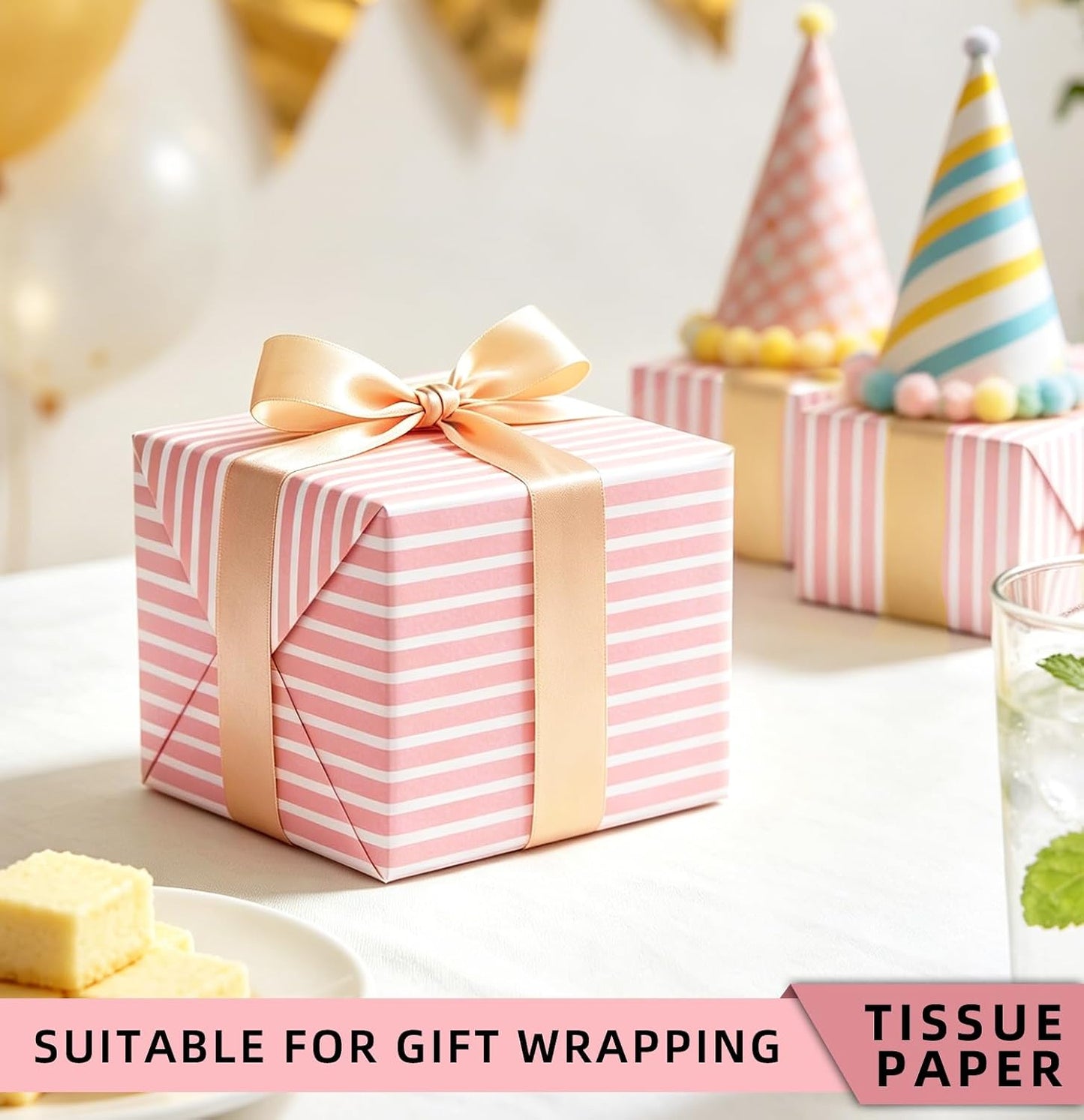 MUNILAIL 100 Sheets Light Pink Striped Tissue Paper 14 x 20 Inches Pink and White Tissue Paper Striped Gift Wrapping Paper for Birthday Wedding Baby Shower Gift Packing DIY Crafts