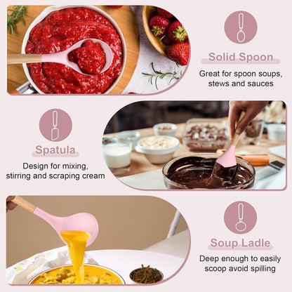 P&P CHEF Cooking Utensils Set, 6 PCS Kitchen Utensils with Wooden Handle, Silicone Spatula for Nonstick Cookware, Easy Clean & Non-toxic, Pink