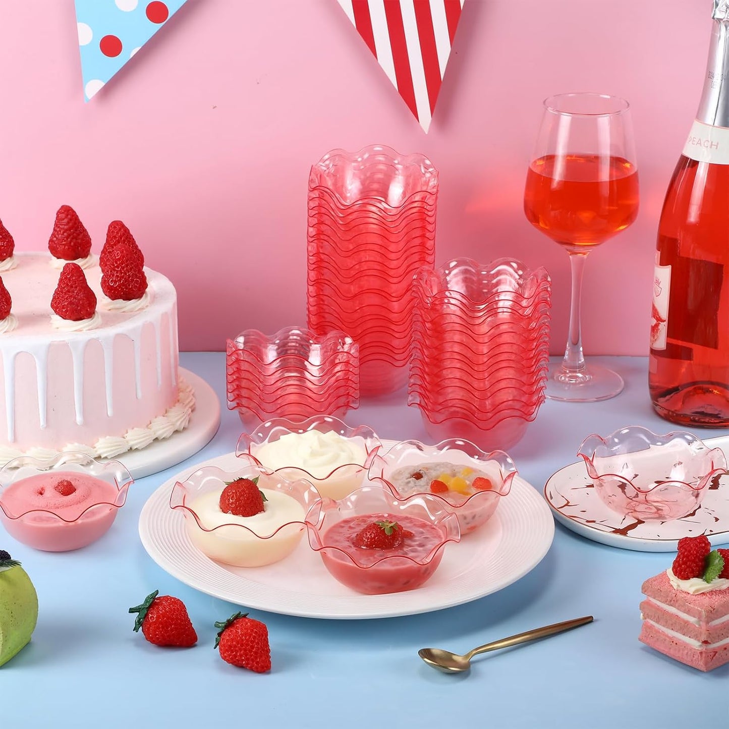 Newtay 50pcs 6oz Small Plastic Dessert Bowls Ice Cream Bowls Reusable Flower Shaped Party Serving Elegant Buffet Serving Cups for Nuts, Salad, Fruit, Snacks and Yogurt (Pink)
