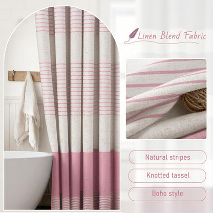 Pink Shower Curtain Boho Linen Striped Shower Curtains for Bathroom with Tassel 72 X 72
