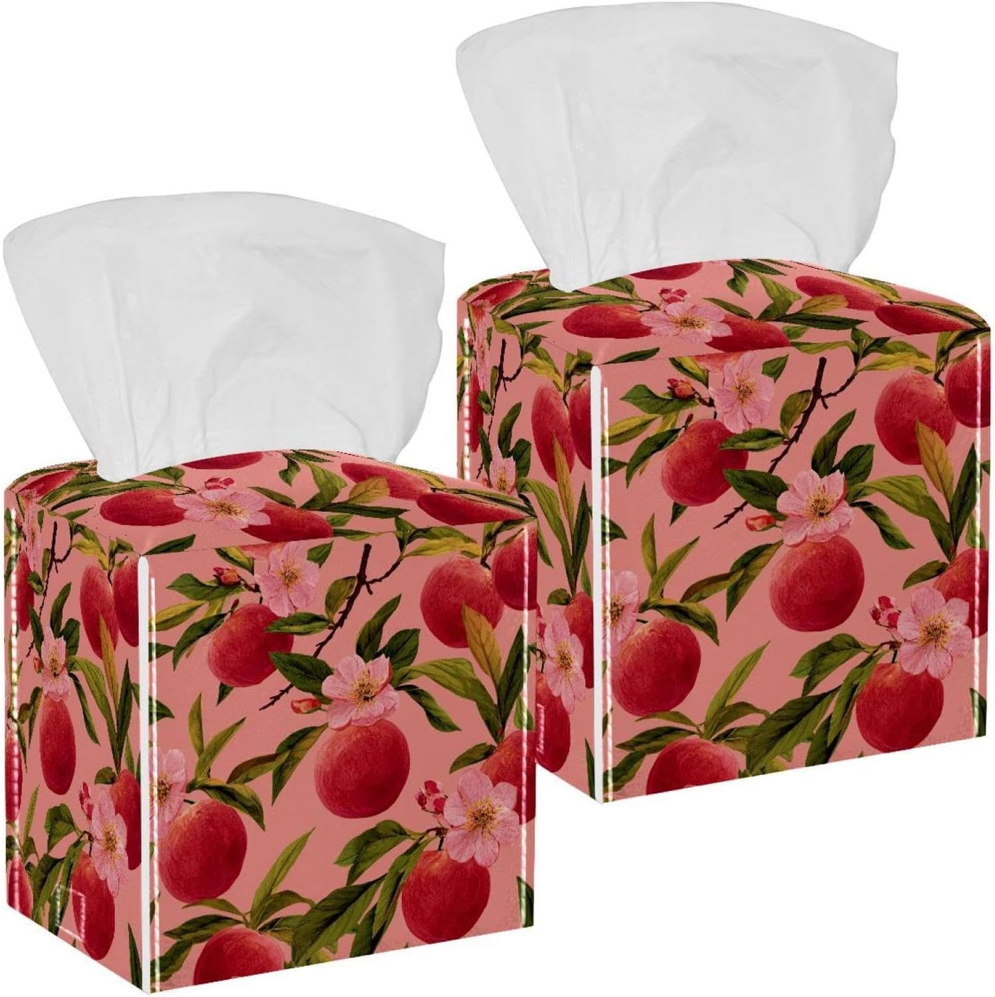 2 Pack Pink Peach Pattern (1) Tissue Box Cover, Square PU Leather Tissue Holder, Decorative Facial Tissue Cube Paper Organizer Dispenser for Bathroom, Night Stands, Desk, Car
