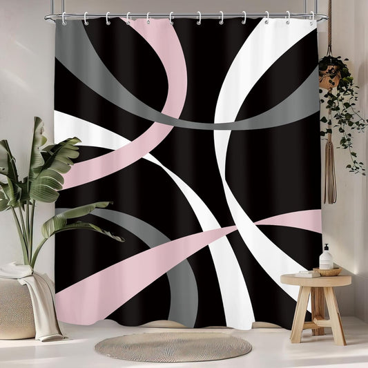 Abstract Line Minimalist Shower Curtain 60Wx71L, Black Pink Gray Shower Curtains for Bathroom Decor, Geometric Modern Contemporary Shower Curtain Set Home Decor 12 Pack Hooks