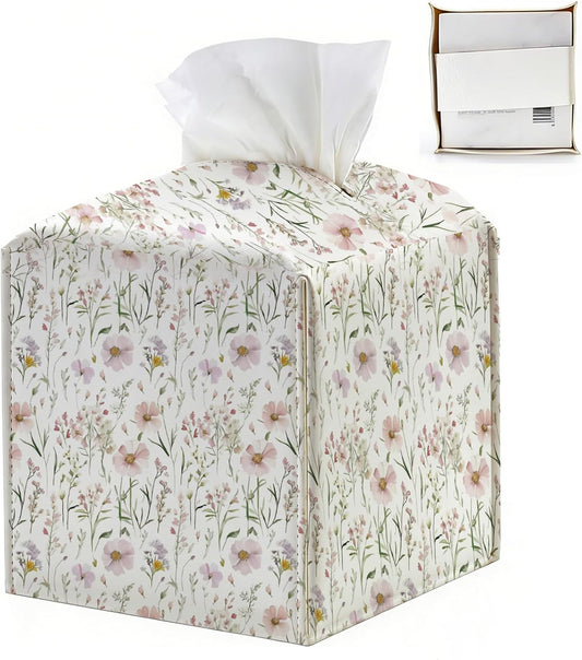 Boho Watercolor Floral Tissue Box Holder Pink Floral Botanical Square PU Leather Tissue Box Cover for Bathroom Kitchen Bedroom White Wildflowers Facial Paper Organizer Dispenser for Women 6.3x6.3x6.3