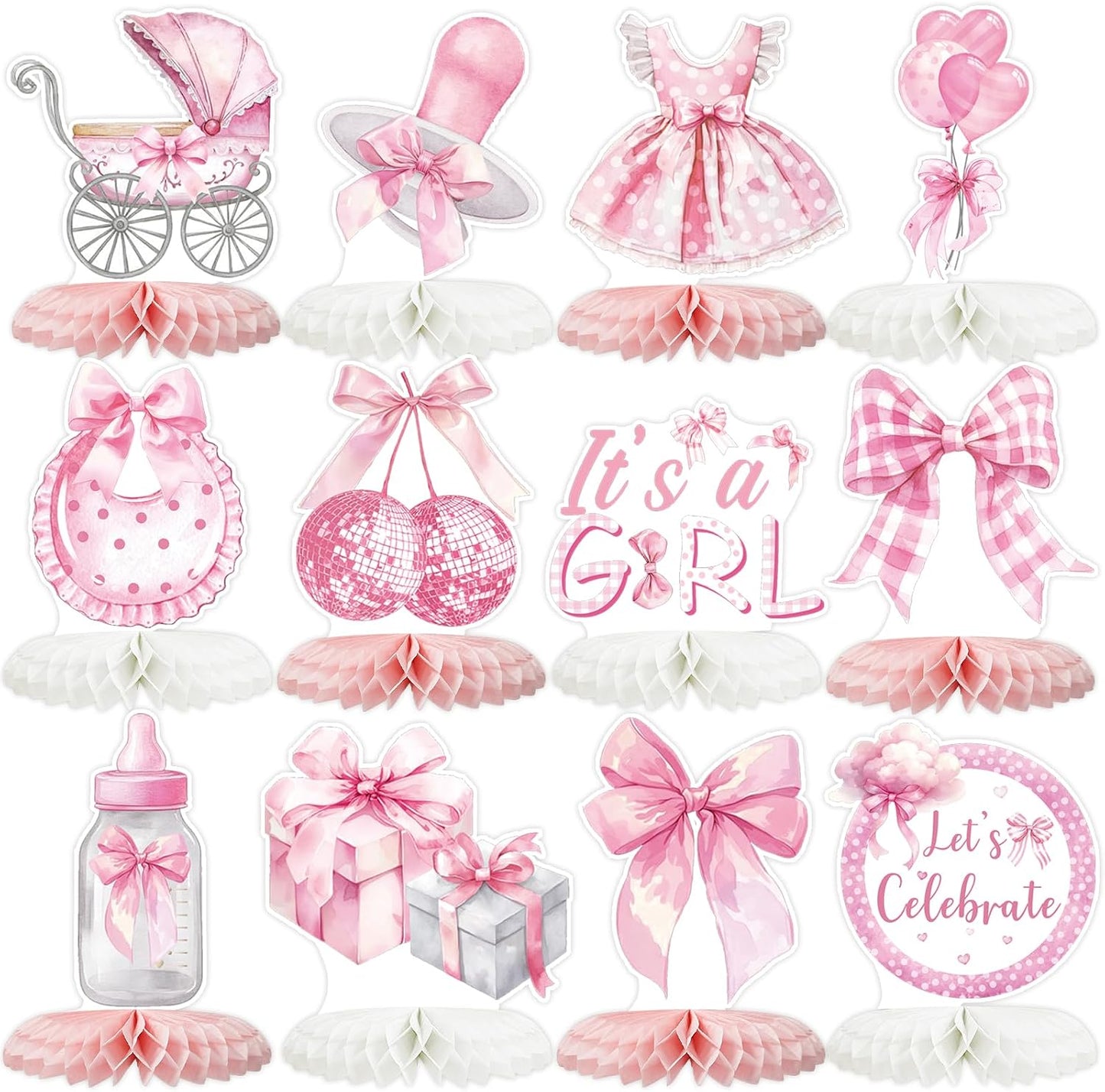 Tarklanda 12 Pcs Pink Bow Baby Shower Party Honeycomb Centepieces Bow Coquette Birthday Table Decor 3D Table Topper, Pregnancy Announcement Gender Reveal Birthday Party Supplies