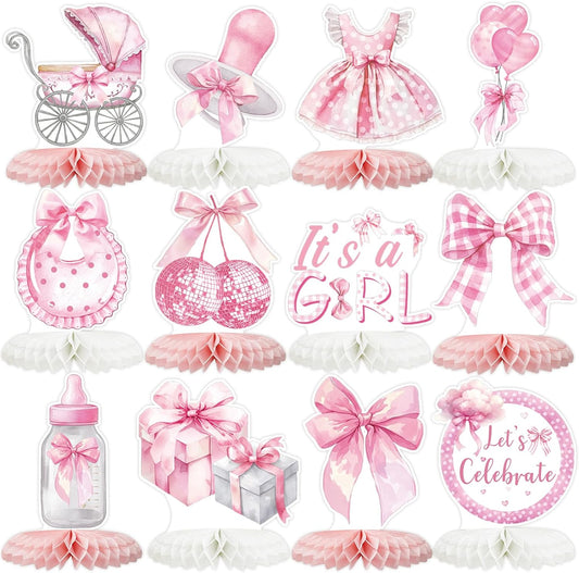 Tarklanda 12 Pcs Pink Bow Baby Shower Party Honeycomb Centepieces Bow Coquette Birthday Table Decor 3D Table Topper, Pregnancy Announcement Gender Reveal Birthday Party Supplies