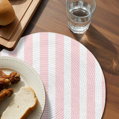 Pink Striped Round Placemats Set of 4 for Dinning Tables,Heat-Proof Braided Table Mats 13 Inch,Modern Farmhouse Pink White Stripes Washable Place Mat for Kitchen Restaurant Party Decor Table Setting