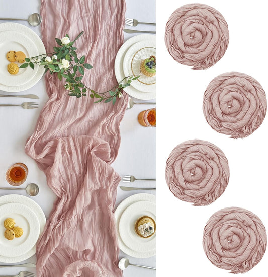 IVAPUPU 4 Pcs Cheesecloth Table Runner - 10ft Dusty Pink Boho Gauze Cheese Cloth Table Runners for Baby Shower Decorations Wedding Party Summer Garden Farmhouse Decor