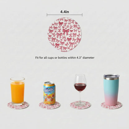 Absorbent Coasters for Drinks, Scratch-Resistant Woven Cotton Coaster Set of 6 with Holder, Pink Bow Coquette Aesthetic Decor for Coffee Table & Office Desk, Cute Kawaii Preppy Room Decor