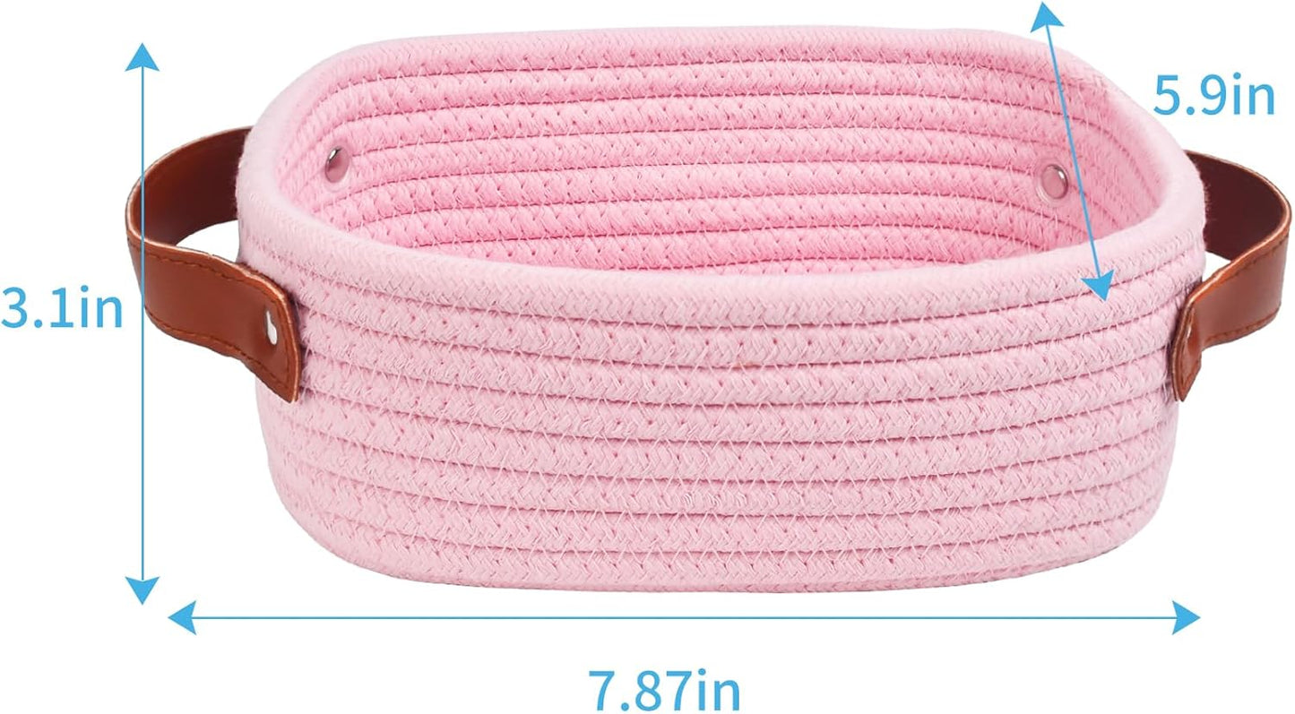ABenkle Small Storage Basket, Mini Rope Woven Baskets, Cute Shelf Closet Storage Organizer, Boho Decorative Toy Bin for Nursery, Living Room, Spa, Empty Gift Basket - XS, Pink