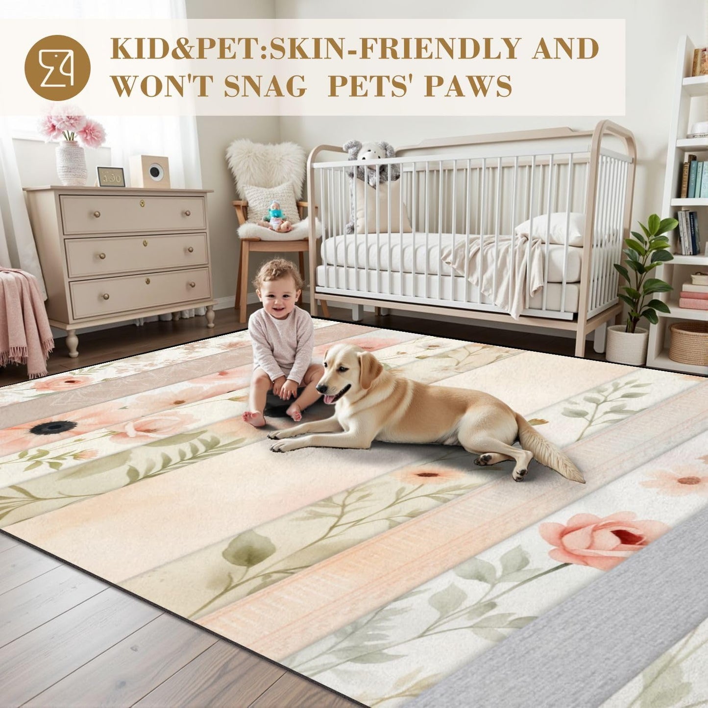 6x9 Area Rugs Rugs for Bedroom Washable Rug Soft Pastel Floral Pink Peach Flowers Light Carpet for Bedroom Living Room Nursery Rug Aesthetic Room Decor