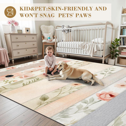 6x9 Area Rugs Rugs for Bedroom Washable Rug Soft Pastel Floral Pink Peach Flowers Light Carpet for Bedroom Living Room Nursery Rug Aesthetic Room Decor