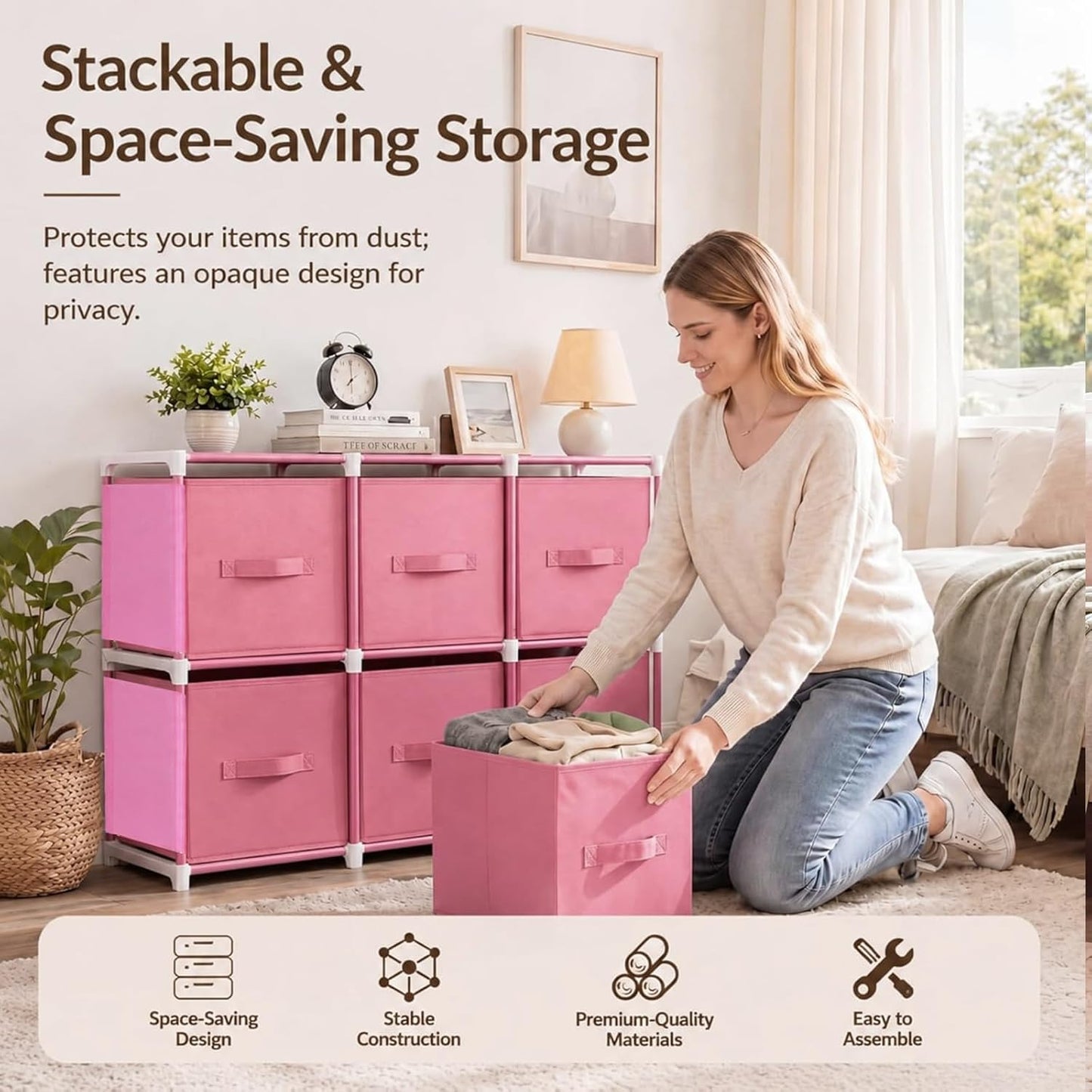 Geetery Under Dorm Bed Cube Organizer Shelf with 6 Cube Fabric Storage Organizer Bins with Handle Dorm Under Bed Closet Drawer for College Essentials Nursery Bedroom Living Room(Pink)