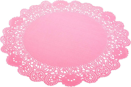 Pastry Tek 12 x 12 Inch Lace Doilies, 100 Decorative Tableware Placemats - Disposable, Round, Pink Paper Table Doilies, For Birthdays, Or Weddings, Table Decor - Restaurantware