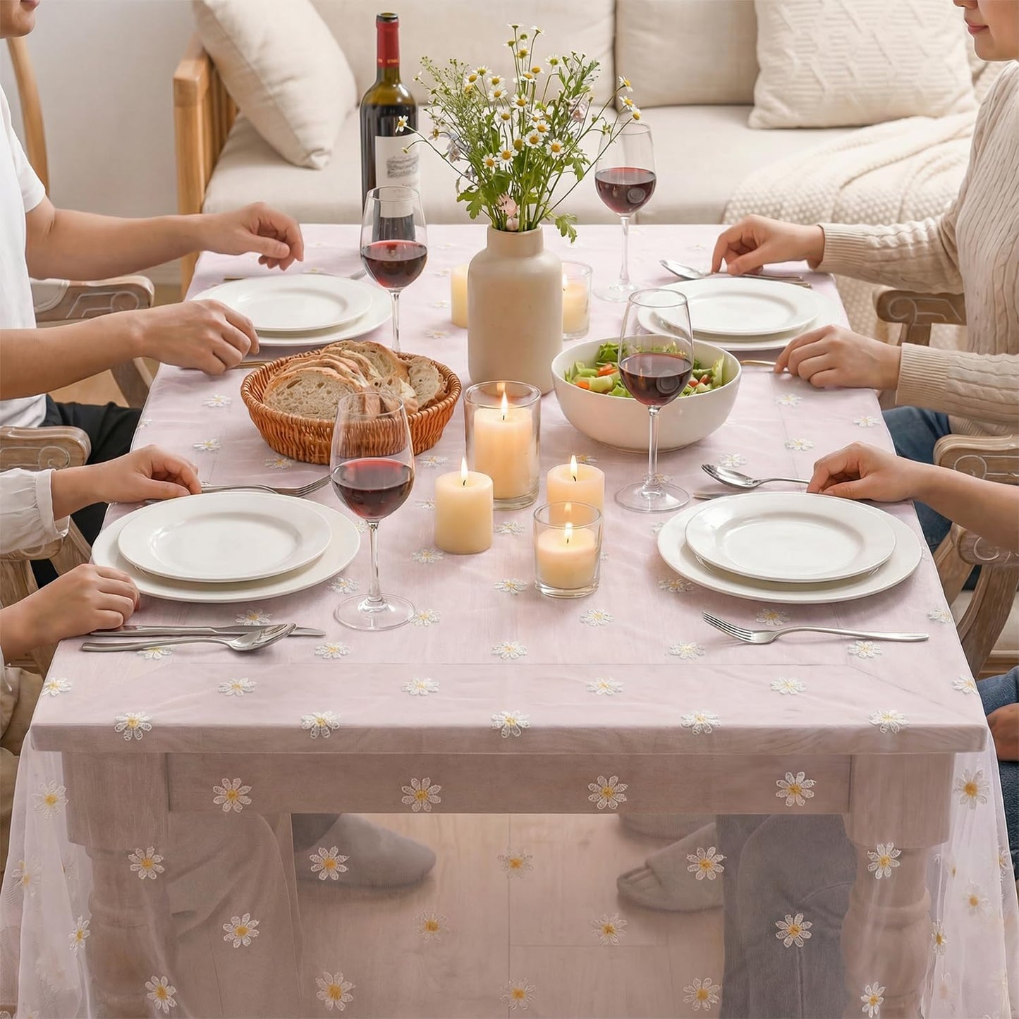 Horaldaily Pink Embroidery Daisy Spring Summer Gauze Tablecloth 60×84 Inch Rectangular, Seasonal Tulle Table Cover, Garden Party Decorations for Wedding, Party, Holiday Dining