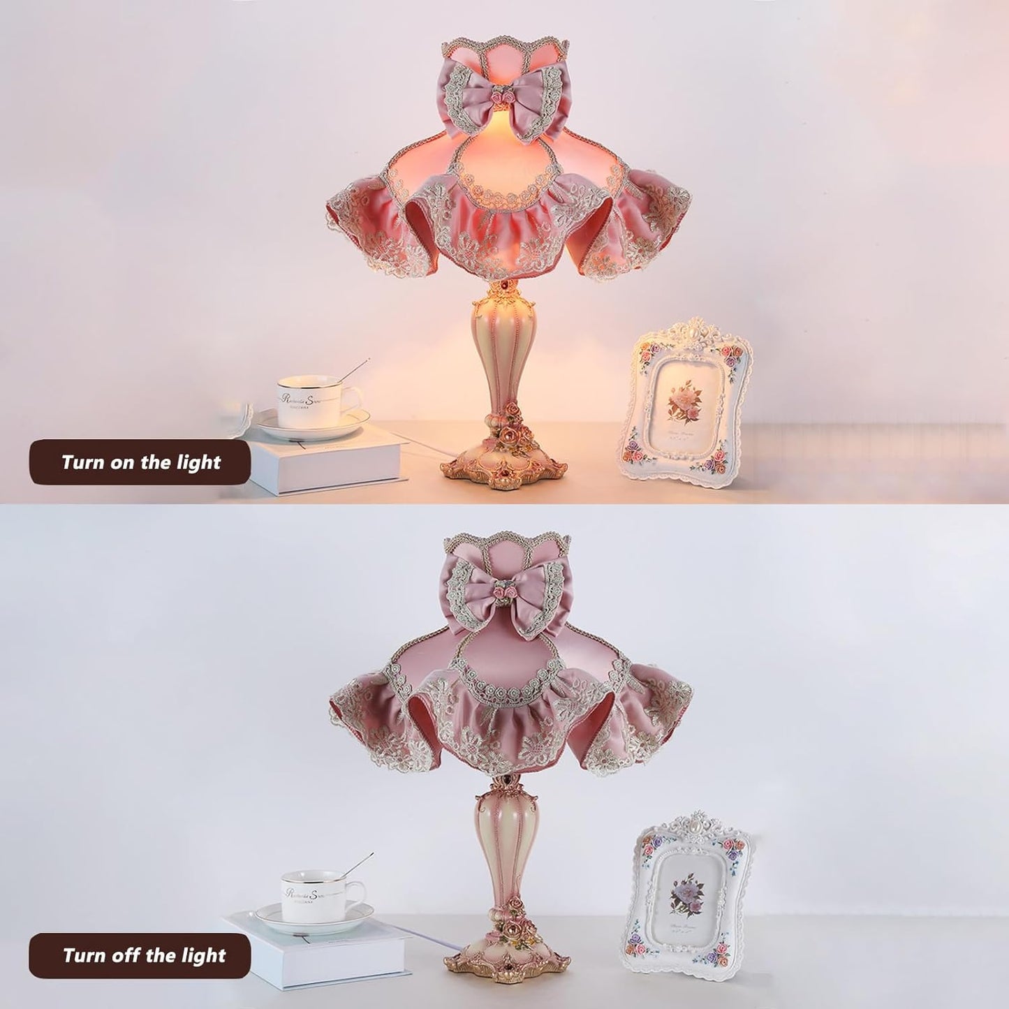 Victorian Pink Table Lamp, Princess Style Bedside Lamp with Lace Ruffle & Bow, Resin Desk Lamp for Bedroom Living Room Vanity