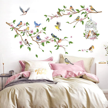 Flower Branches and Birds Wall Decals, Peach Tree with Birdcage Garden Themed Wall Stickers, Removable Self-Adhesive Wall Mural for Living Room, Bedroom